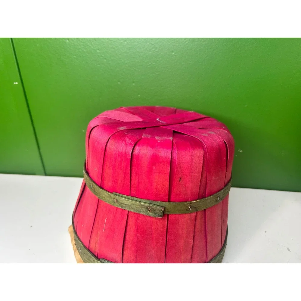 Vintage Red and Green Woven Wood Bushel Basket with Wire Handle Farmhouse Decor